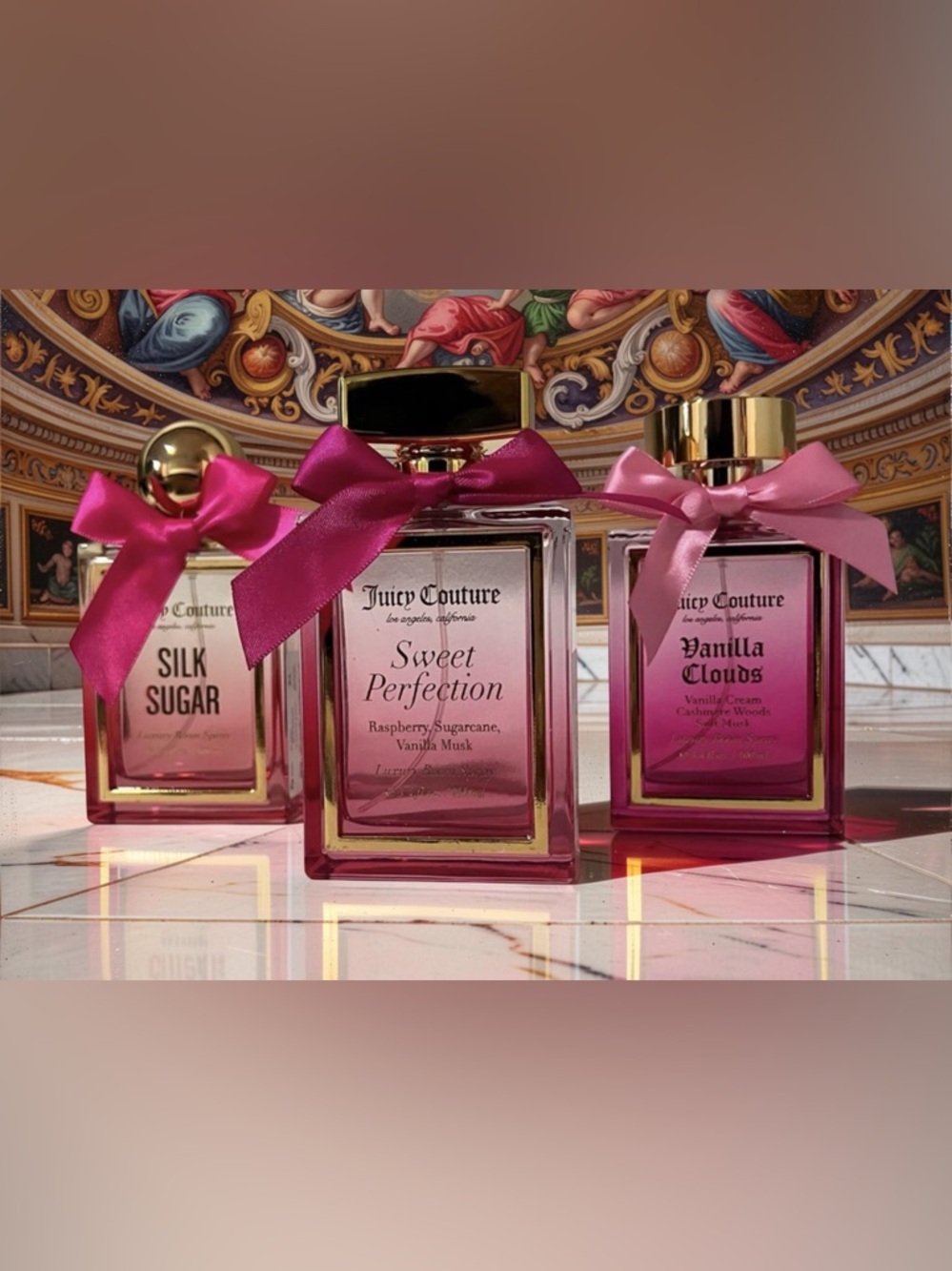 Juicy Couture NWT Classic Juicy Pink Glass Room Spray Trio with Pink Bows - Picture 9 of 9